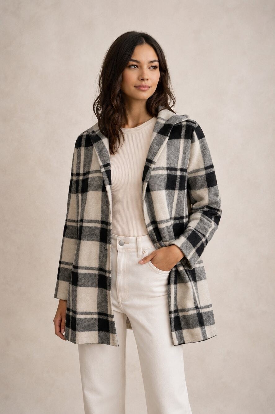 Anthropologie Field & Flower Check Hooded Sweater Coat